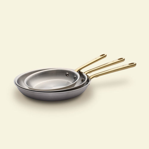 Pack Brigade - set de 3 sartenes de acero inoxidable con mangos dorados - Edición limitada - Atma Kitchenware